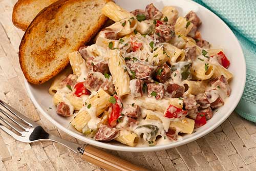 Rigatoni Alfredo with Summer Sausage & Roasted Peppers